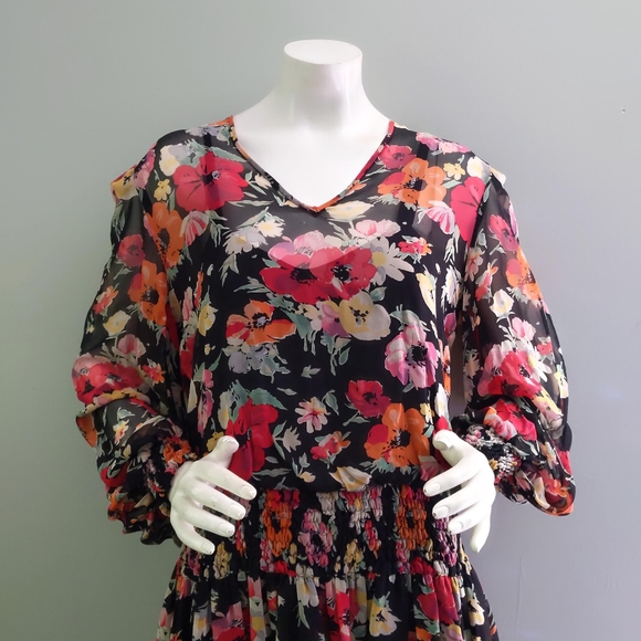 Vintage 90s Umi Collections Anne Crimmins Red Poppy Floral Silk Ruched Dress 12 - Picture 2 of 8